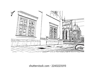 Building view with landmark of Pilzen is a city in the western Czech Republic. Hand drawn sketch illustration in vector.