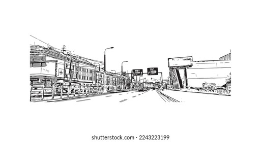 Building view with landmark of Pilzen is a city in the western Czech Republic. Hand drawn sketch illustration in vector.