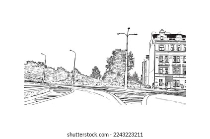 Building view with landmark of Pilzen is a city in the western Czech Republic. Hand drawn sketch illustration in vector.