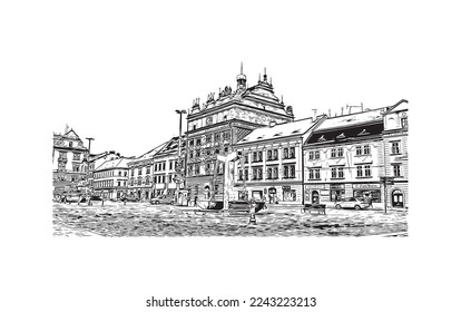 Building view with landmark of Pilzen is a city in the western Czech Republic. Hand drawn sketch illustration in vector.