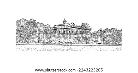 Building view with landmark of Pilzen is a city in the western Czech Republic. Hand drawn sketch illustration in vector.