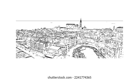 Building view with landmark of Piran is the 
town in Slovenia. Hand drawn sketch illustration in vector.