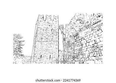Building view with landmark of Piran is the 
town in Slovenia. Hand drawn sketch illustration in vector.