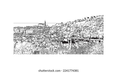 Building view with landmark of Piran is the 
town in Slovenia. Hand drawn sketch illustration in vector.