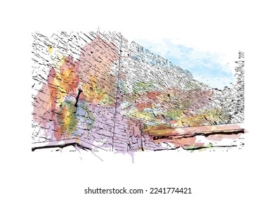 Building view with landmark of Piran is the 
town in Slovenia. Watercolor splash with hand drawn sketch illustration in vector.