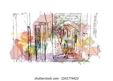 Building view with landmark of Piran is the 
town in Slovenia. Watercolor splash with hand drawn sketch illustration in vector.
