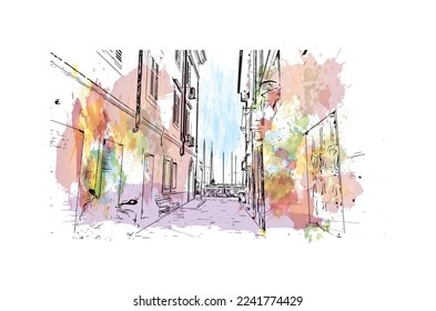 Building view with landmark of Piran is the 
town in Slovenia. Watercolor splash with hand drawn sketch illustration in vector.