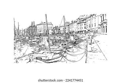 Building view with landmark of Piran is the 
town in Slovenia. Hand drawn sketch illustration in vector.