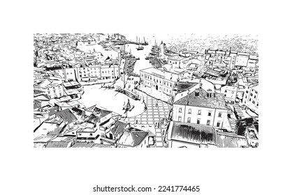 Building view with landmark of Piran is the 
town in Slovenia. Hand drawn sketch illustration in vector.