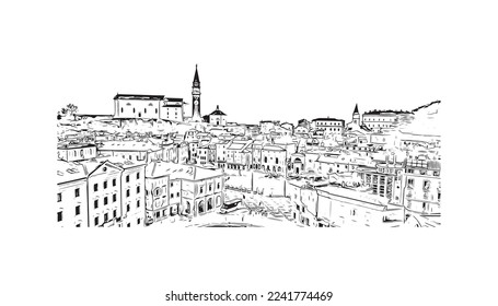 Building view with landmark of Piran is the 
town in Slovenia. Hand drawn sketch illustration in vector.
