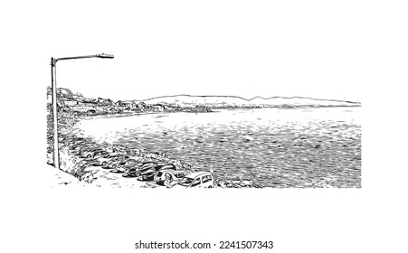 Building view with landmark of Pireas is the 
city in Greece. Hand drawn sketch illustration in vector.