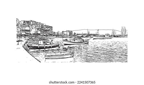 Building view with landmark of Pireas is the 
city in Greece. Hand drawn sketch illustration in vector.