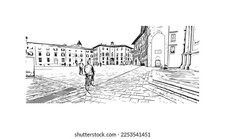 Building view with landmark of Pisa is a city in Italy. Hand drawn sketch illustration in vector.