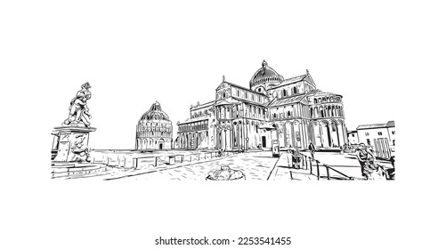 Building view with landmark of Pisa is a city in Italy. Hand drawn sketch illustration in vector.