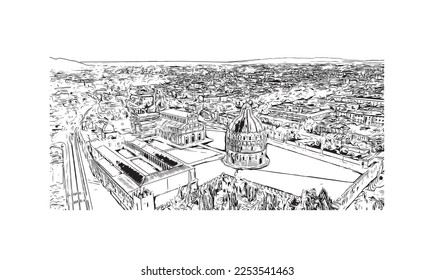 Building view with landmark of Pisa is a city in Italy. Hand drawn sketch illustration in vector.