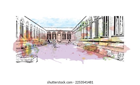 Building view with landmark of Pisa is a city in Italy. Watercolor splash with hand drawn sketch illustration in vector.