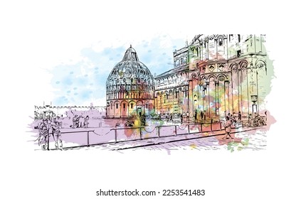 Building view with landmark of Pisa is a city in Italy. Watercolor splash with hand drawn sketch illustration in vector.