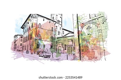 Building view with landmark of Pisa is a city in Italy. Watercolor splash with hand drawn sketch illustration in vector.