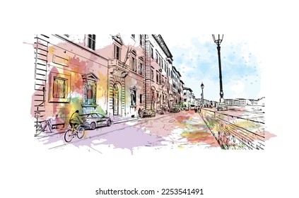 Building view with landmark of Pisa is a city in Italy. Watercolor splash with hand drawn sketch illustration in vector.