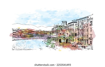 Building view with landmark of Pisa is a city in Italy. Watercolor splash with hand drawn sketch illustration in vector.