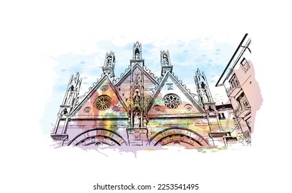 Building view with landmark of Pisa is a city in Italy. Watercolor splash with hand drawn sketch illustration in vector.