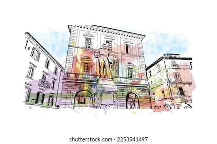 Building view with landmark of Pisa is a city in Italy. Watercolor splash with hand drawn sketch illustration in vector.