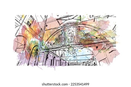 Building view with landmark of Pisa is a city in Italy. Watercolor splash with hand drawn sketch illustration in vector.