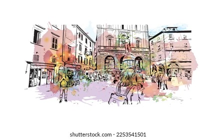 Building view with landmark of Pisa is a city in Italy. Watercolor splash with hand drawn sketch illustration in vector.