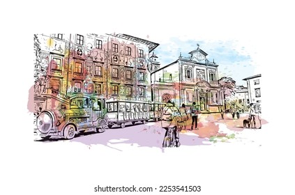 Building view with landmark of Pisa is a city in Italy. Watercolor splash with hand drawn sketch illustration in vector.