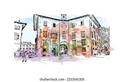 Building view with landmark of Pisa is a city in Italy. Watercolor splash with hand drawn sketch illustration in vector.