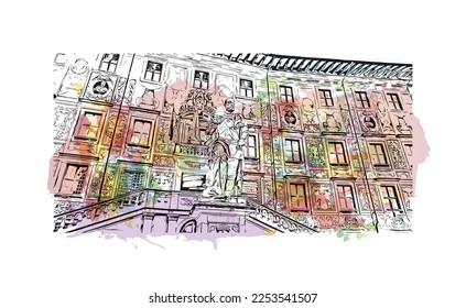 Building view with landmark of Pisa is a city in Italy. Watercolor splash with hand drawn sketch illustration in vector.