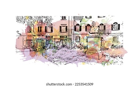 Building view with landmark of Pisa is a city in Italy. Watercolor splash with hand drawn sketch illustration in vector.