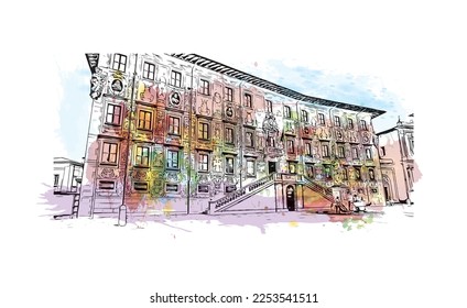 Building view with landmark of Pisa is a city in Italy. Watercolor splash with hand drawn sketch illustration in vector.