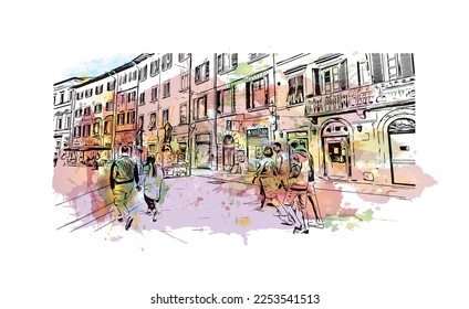 Building view with landmark of Pisa is a city in Italy. Watercolor splash with hand drawn sketch illustration in vector.