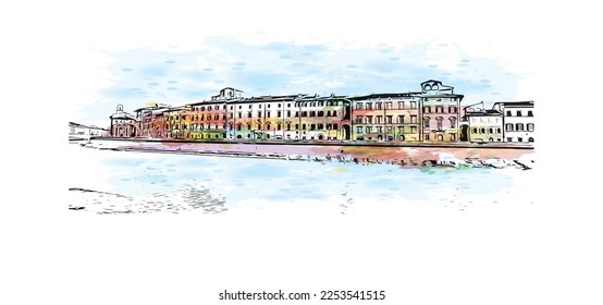 Building view with landmark of Pisa is a city in Italy. Watercolor splash with hand drawn sketch illustration in vector.