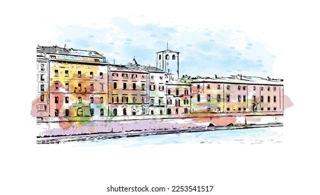 Building view with landmark of Pisa is a city in Italy. Watercolor splash with hand drawn sketch illustration in vector.