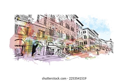 Building view with landmark of Pisa is a city in Italy. Watercolor splash with hand drawn sketch illustration in vector.