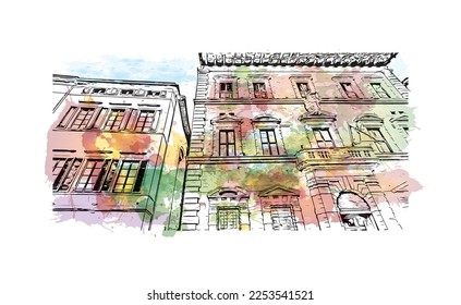 Building view with landmark of Pisa is a city in Italy. Watercolor splash with hand drawn sketch illustration in vector.