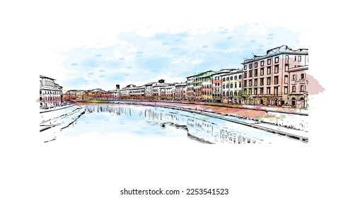 Building view with landmark of Pisa is a city in Italy. Watercolor splash with hand drawn sketch illustration in vector.