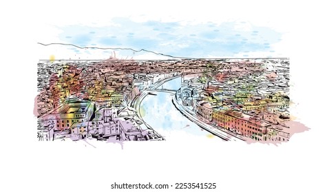 Building view with landmark of Pisa is a city in Italy. Watercolor splash with hand drawn sketch illustration in vector.