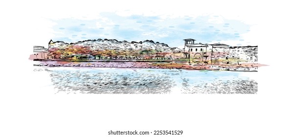 Building view with landmark of Pisa is a city in Italy. Watercolor splash with hand drawn sketch illustration in vector.