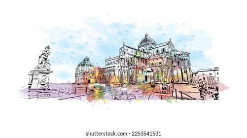 Building view with landmark of Pisa is a city in Italy. Watercolor splash with hand drawn sketch illustration in vector.