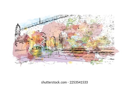 Building view with landmark of Pisa is a city in Italy. Watercolor splash with hand drawn sketch illustration in vector.