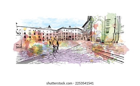 Building view with landmark of Pisa is a city in Italy. Watercolor splash with hand drawn sketch illustration in vector.