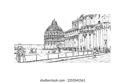 Building view with landmark of Pisa is a city in Italy. Hand drawn sketch illustration in vector.