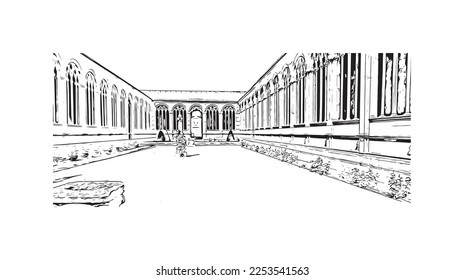 Building view with landmark of Pisa is a city in Italy. Hand drawn sketch illustration in vector.