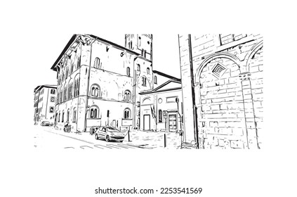 Building view with landmark of Pisa is a city in Italy. Hand drawn sketch illustration in vector.