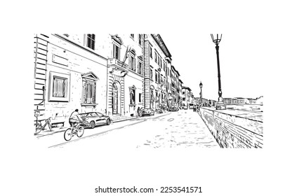 Building view with landmark of Pisa is a city in Italy. Hand drawn sketch illustration in vector.