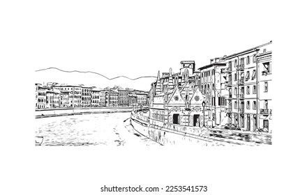 Building view with landmark of Pisa is a city in Italy. Hand drawn sketch illustration in vector.