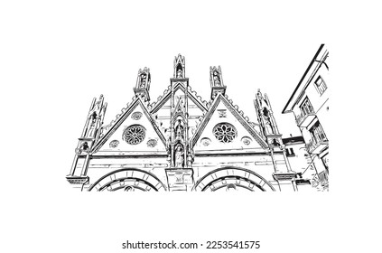 Building view with landmark of Pisa is a city in Italy. Hand drawn sketch illustration in vector.